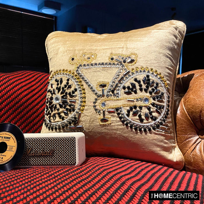 Vintage Cycle - Beige Velvet Throw Pillow Cover