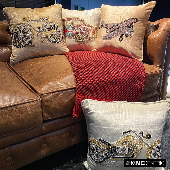 Vintage Cycle - Beige Velvet Throw Pillow Cover