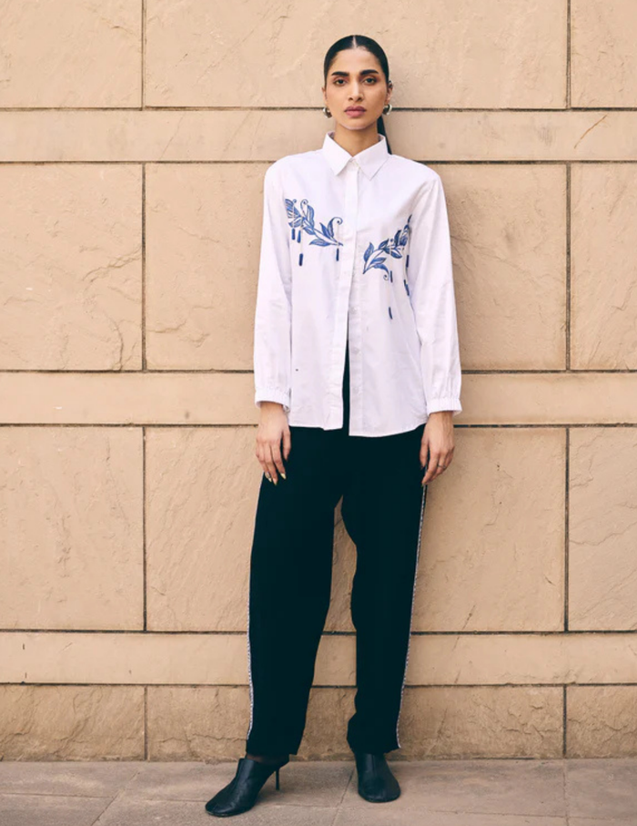 White Leaf Hue Embroidered Co-Ord Set