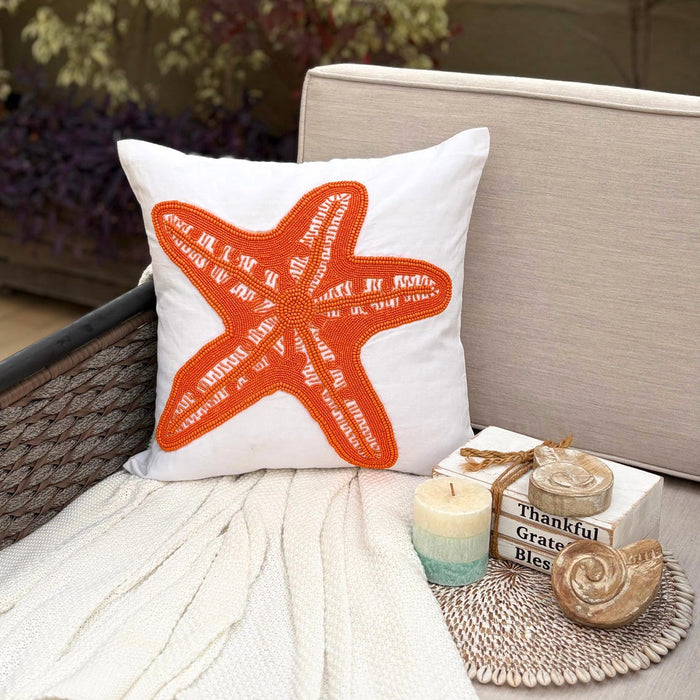 White Cotton Linen Throw Pillow Cover - Starfish Makeover