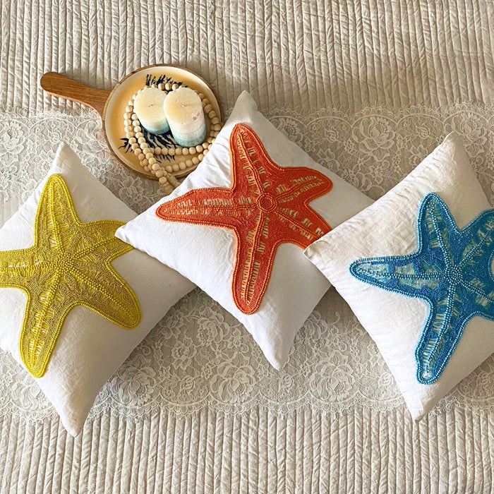 White Cotton Linen Throw Pillow Cover - Starfish Makeover