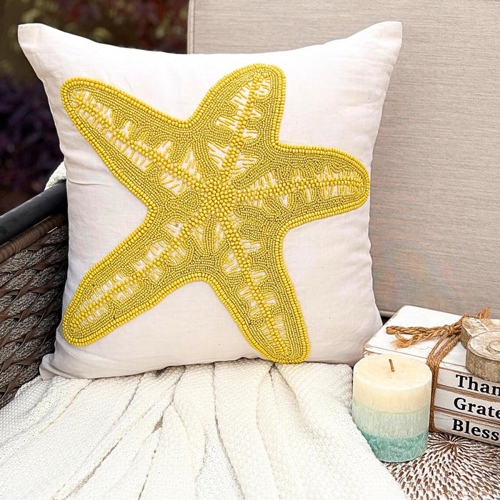 White Cotton Linen Throw Pillow Cover -Yellow Starfish