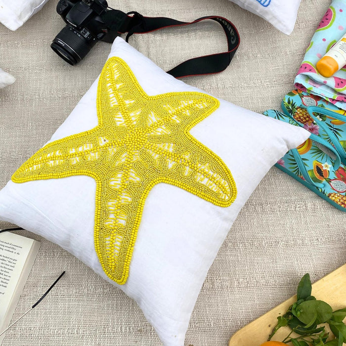 White Cotton Linen Throw Pillow Cover -Yellow Starfish