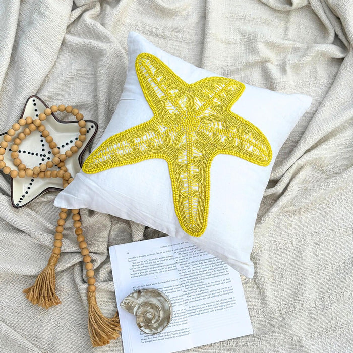 White Cotton Linen Throw Pillow Cover -Yellow Starfish