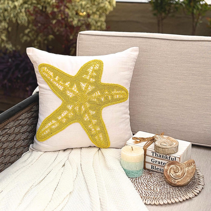 White Cotton Linen Throw Pillow Cover -Yellow Starfish