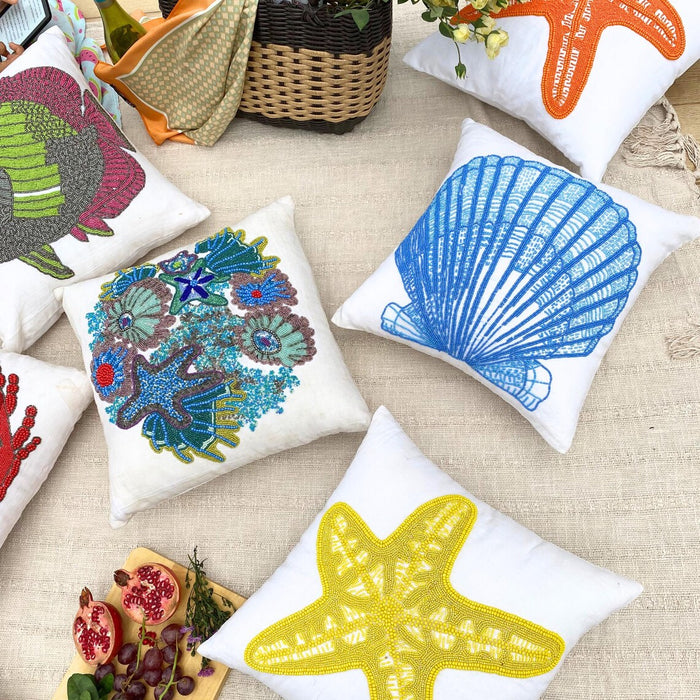 White Cotton Linen Throw Pillow Cover -Yellow Starfish