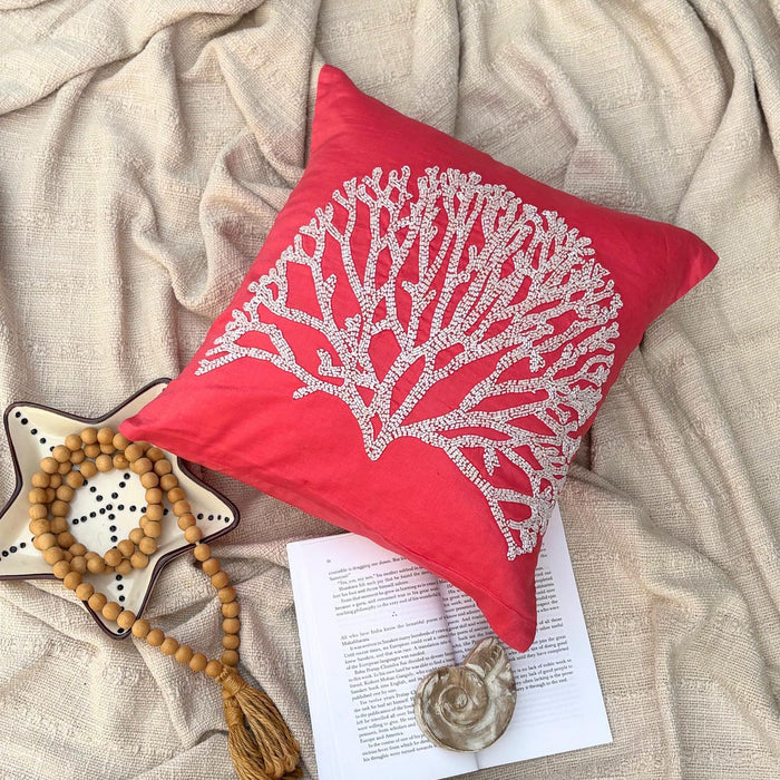 White Forest - Coral Pink Cotton Linen Decorative Euro Sham