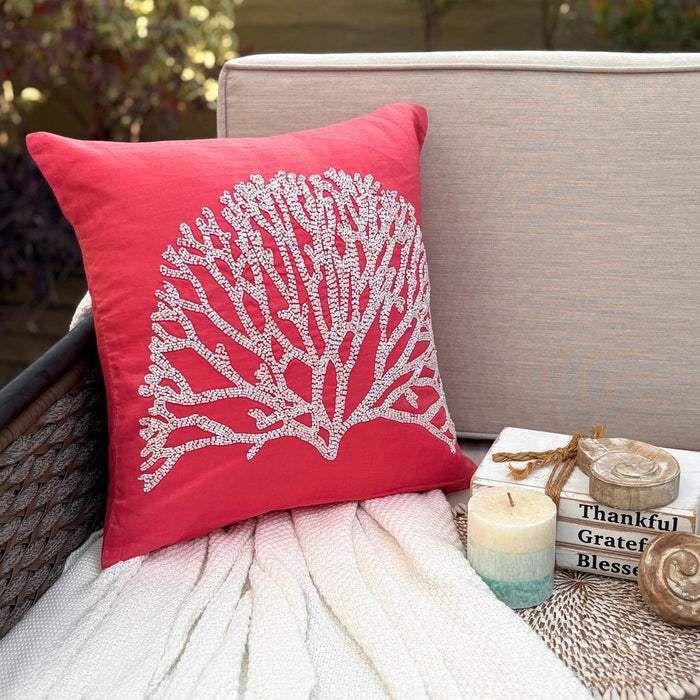 White Forest - Coral Pink Cotton Linen Decorative Euro Sham
