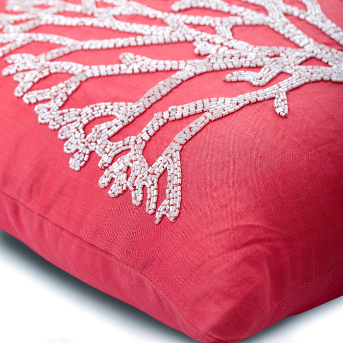 White Forest - Coral Pink Cotton Linen Decorative Euro Sham