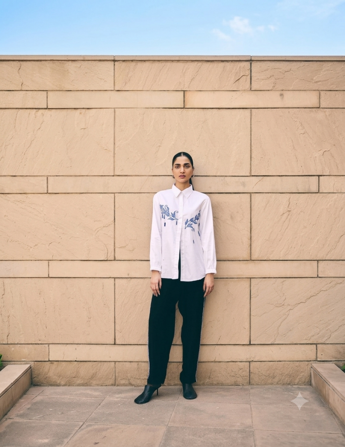 White Leaf Hue Embroidered Co-Ord Set featuring intricate blue floral embroidery on a premium cotton shirt paired with relaxed-fit tailored pants for an elegant contemporary look.