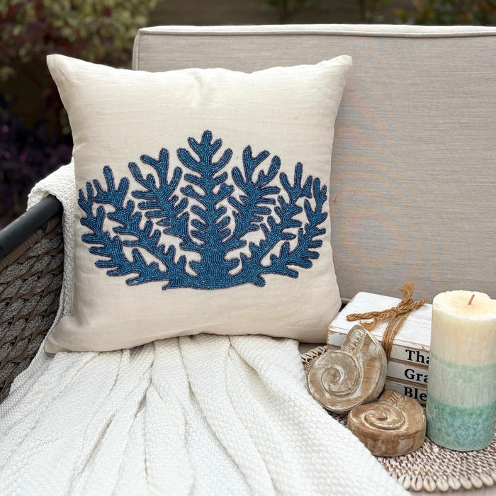 White Linen Throw Pillow Cover - Blue Coral Treasure