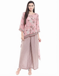 Pink Windance Printed Asymmetrical Kurta With Palazzos in crepe featuring an elegant asymmetrical silhouette and printed palazzos for women.