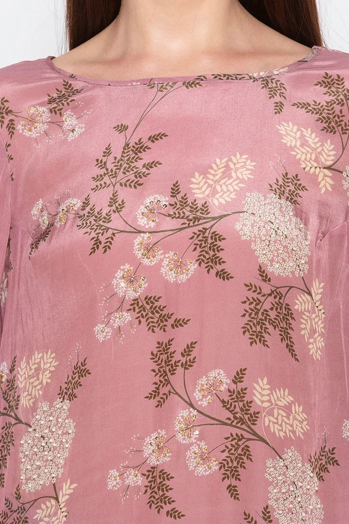 Pink Windance Printed Asymmetrical Kurta With Palazzos in crepe featuring an elegant asymmetrical silhouette and printed palazzos for women.