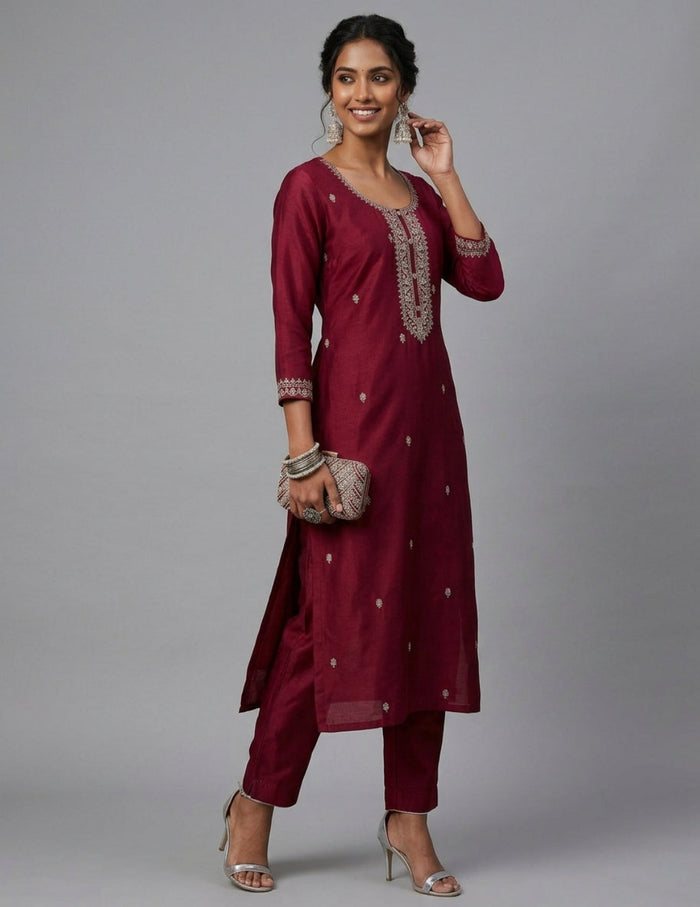 A woman modeling a deep maroon Indian ethnic salwar kameez suit set with silver embroidery and metallic motifs, paired with matching trousers, against a solid gray studio background.