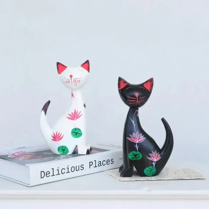 Wooden Cat Set Statue