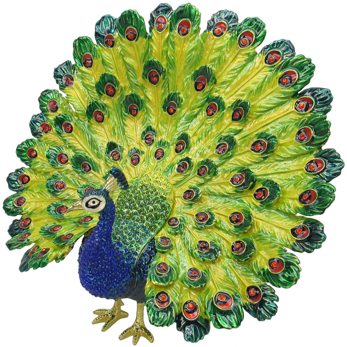 X-Large Peacock Jeweled Trinket Box Austrian Crystals, Open Feathers