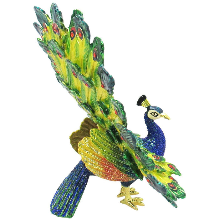 X-Large Peacock Jeweled Trinket Box Austrian Crystals, Open Feathers