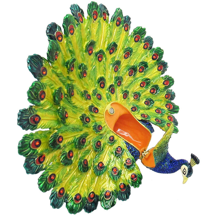 X-Large Peacock Jeweled Trinket Box Austrian Crystals, Open Feathers