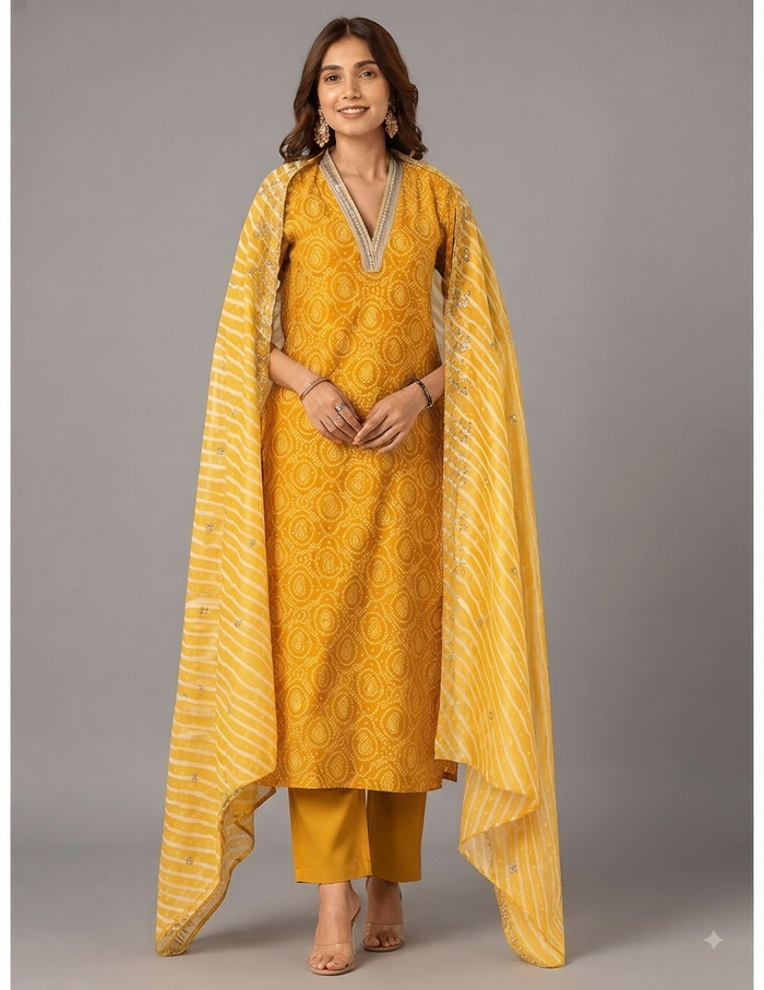 Vibrant yellow silk blend Bandhej kurta set with matching bottoms and scalloped dupatta for festive occasions.
