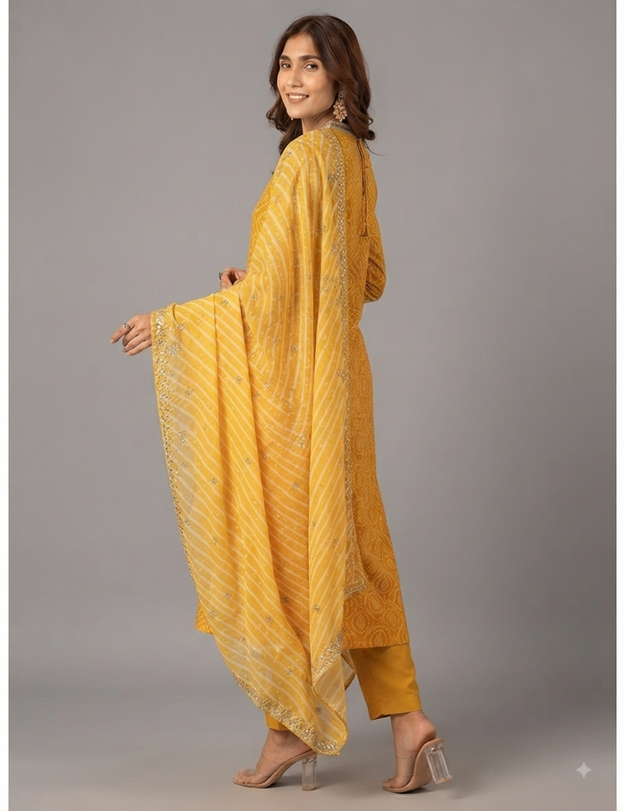 Vibrant yellow silk blend Bandhej kurta set with matching bottoms and scalloped dupatta for festive occasions.