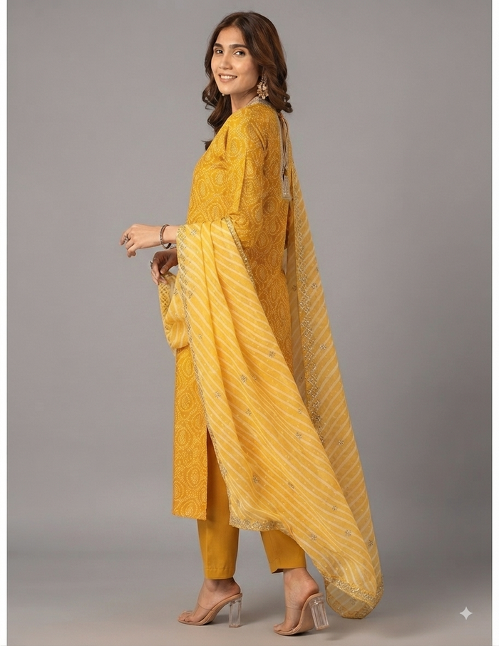 Vibrant yellow silk blend Bandhej kurta set with matching bottoms and scalloped dupatta for festive occasions.