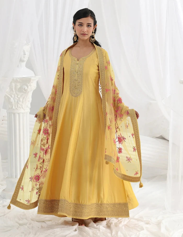 Yellow Embroidered Silk A-Line Gown With Dupatta