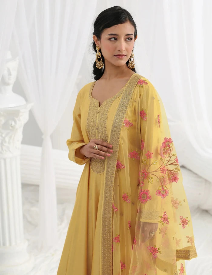 Yellow Embroidered Silk A-Line Gown With Dupatta