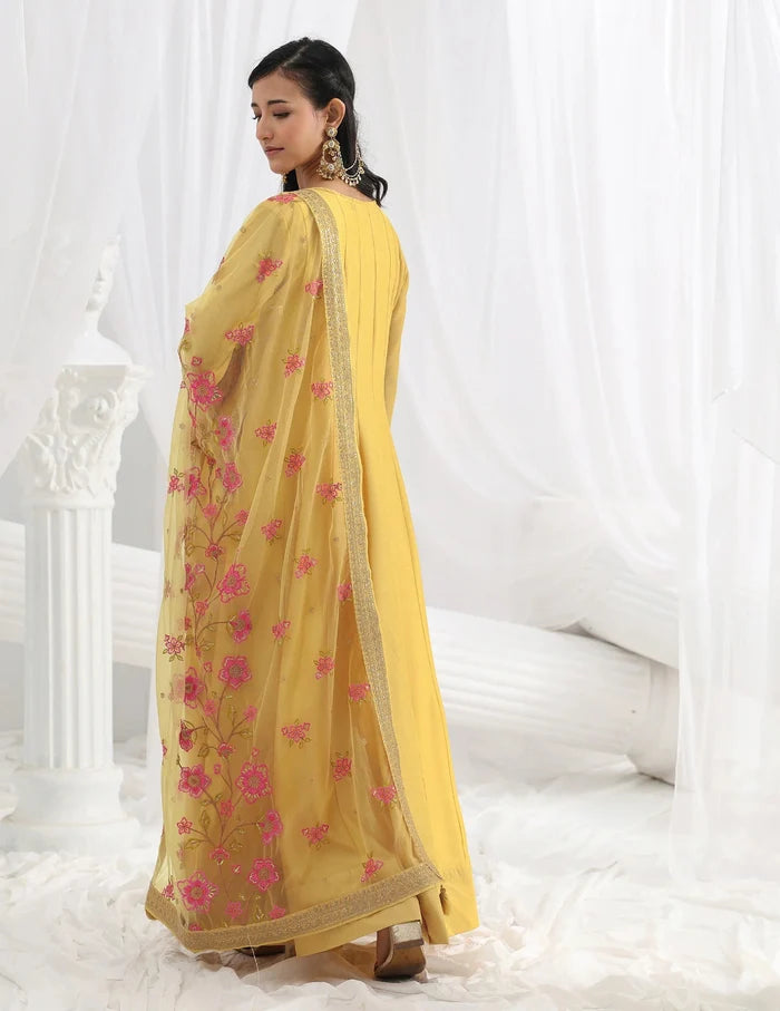 Yellow Embroidered Silk A-Line Gown With Dupatta