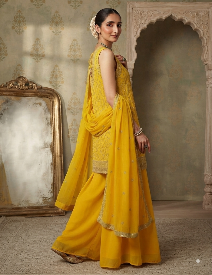 A full-body studio portrait of a South Asian female model standing gracefully against a traditional Indian-inspired background. She is wearing a rich, vibrant yellow three-piece suit set crafted from a silk blend fabric. The ensemble includes a sleeveless, knee-length kurta heavily embellished with intricate gold thread work and bead embroidery. She wears matching wide-legged sharara pants that flow to the floor, and a sheer yellow dupatta (scarf) with a matching embroidered border draped over her shoulders