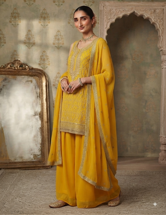 A full-body studio portrait of a South Asian female model standing gracefully against a traditional Indian-inspired background. She is wearing a rich, vibrant yellow three-piece suit set crafted from a silk blend fabric. The ensemble includes a sleeveless, knee-length kurta heavily embellished with intricate gold thread work and bead embroidery. She wears matching wide-legged sharara pants that flow to the floor, and a sheer yellow dupatta (scarf) with a matching embroidered border draped over her shoulders