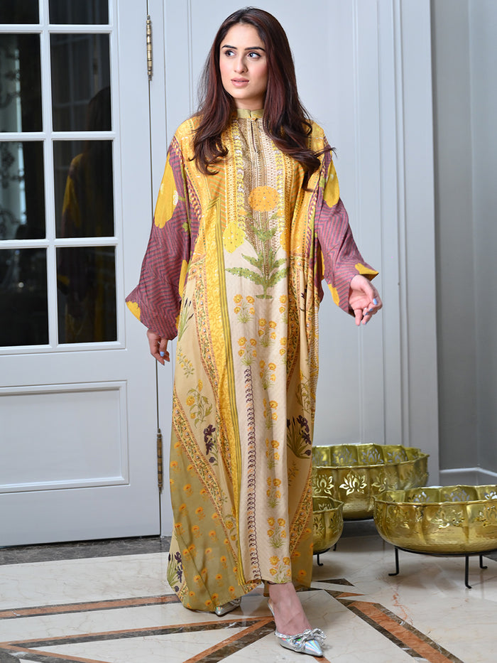Sufiana Yellow Moroccan Satin Silk Dress for women