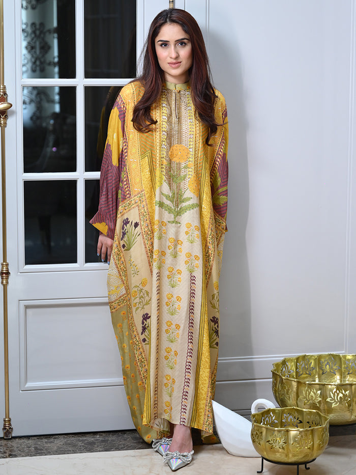 Sufiana Yellow Moroccan Satin Silk Festive Dress front view