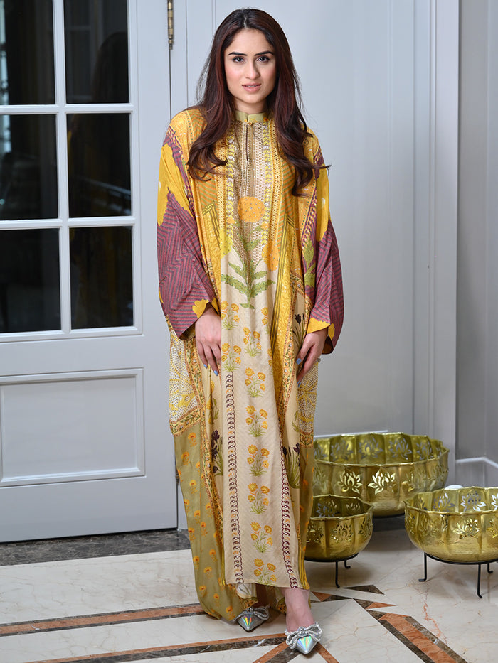 Sufiana Yellow Moroccan Satin Silk Dress detail