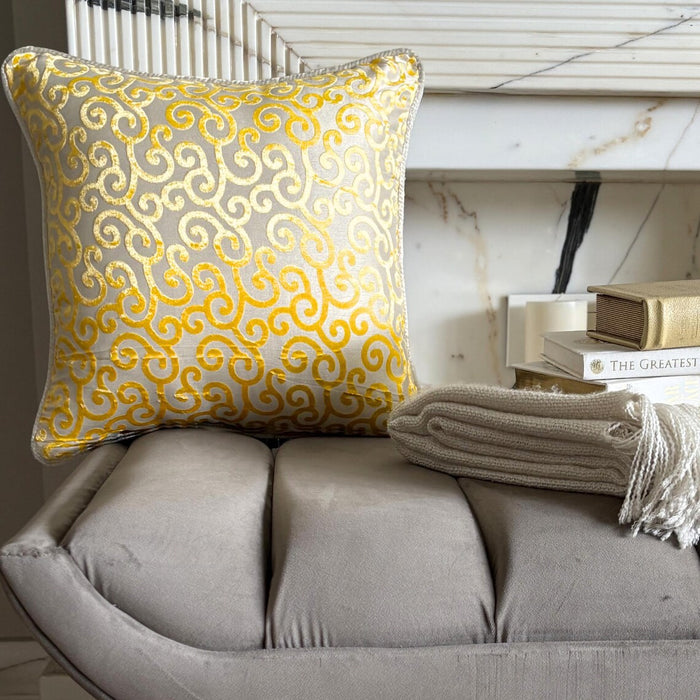 Yellow Scroll All The Way - Mimosa Yellow Burnout Velvet Throw Pillow Cover
