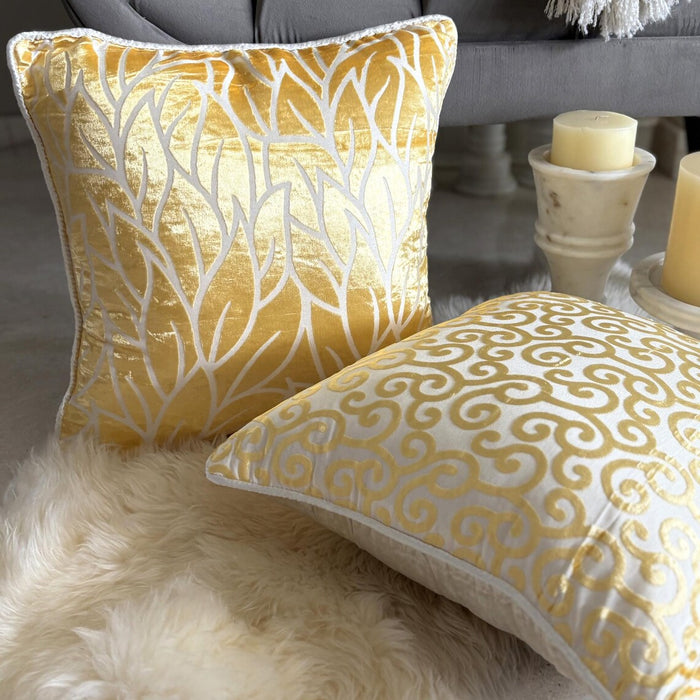 Yellow Scroll All The Way - Mimosa Yellow Burnout Velvet Throw Pillow Cover