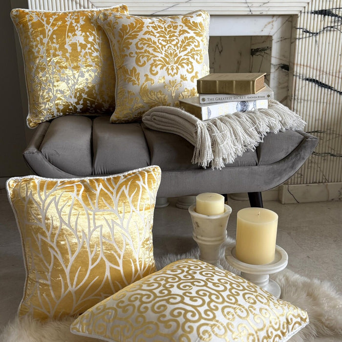 Yellow Scroll All The Way - Mimosa Yellow Burnout Velvet Throw Pillow Cover