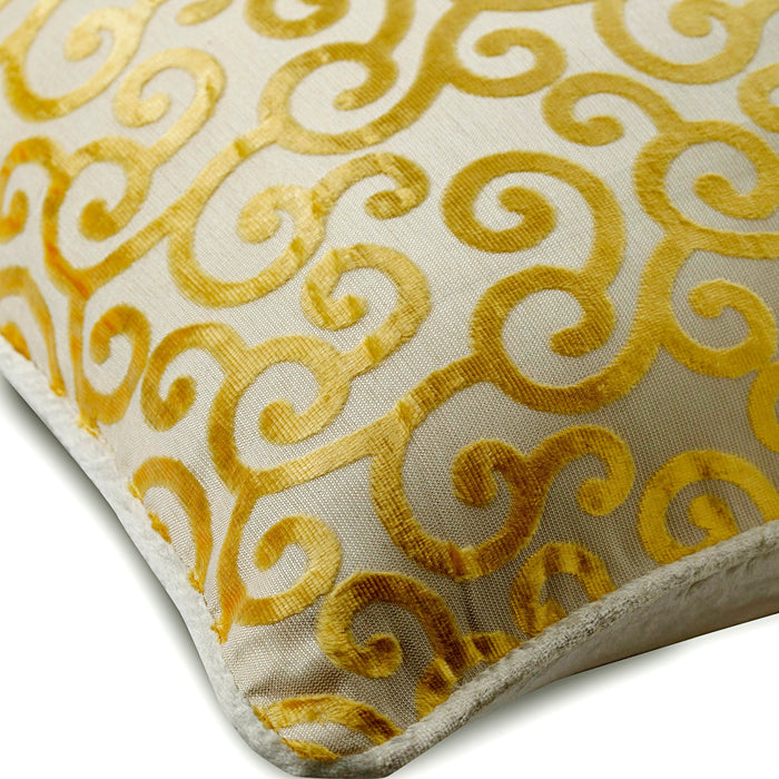Yellow Scroll All The Way - Mimosa Yellow Burnout Velvet Throw Pillow Cover